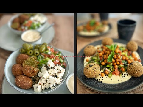 Falafel Salad – two versions: on a hummus bed and quinoa salad