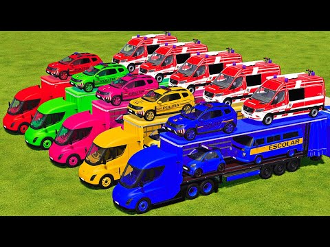 TRANSPORTING FIRE RESCUE, DACIA And SMART POLICE, MINI BUS WITH TESLA TRUCKS - Farming Simulator