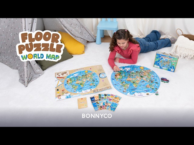 Vídeo relacionado con BONNYCO Puzzle XXL Mapa Mundi Niños con 70 Piezas Grandes. Rompecabezas Redondo con Animales, 58 x 58 cm, 15 Tarjetas, 4 Figuras y Guía. Juegos Educativos, Regalos, Juguetes Niños 4 Años