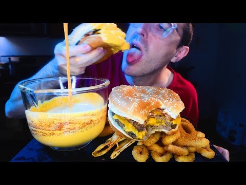 , title : 'CHEESE SAUCE BURGER KING FEAST! CHEDDAR BACON KING + TACOS CHEESE STICKS ONION RINGS  * MUKBANG*'