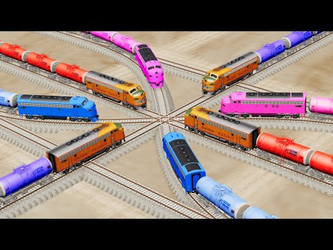 Impossible Multiple Overlapping Rail Tracks Crossover Vs Trains Crossing - BeamNG.Drive