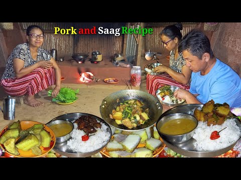 Pork and Saag Recipe||Chicken Karchimarchi with rice cooking in nepali village style