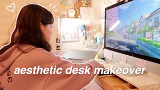 AESTHETIC DESK MAKEOVER: cute &amp; cozy desk setup for productivity, work from home