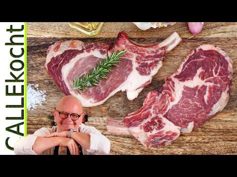 Kotelett richtig braten und mit leckerer Zwiebel- Senfsoße zubereiten.