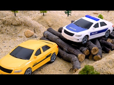 Police Car Chasing Car on Sand | Fun Toy Car with Dinosaur | BIBO TOYS
