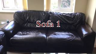 Two Solid Leather Brown 3 Seater Sofa + Rectangle Glass Coffee Table + Glass four-tier Hi-Fi stand