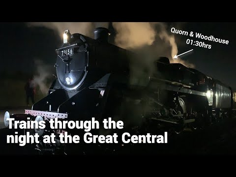 Trains through the night at the Great Central Railway, Quorn and Woodhouse station.