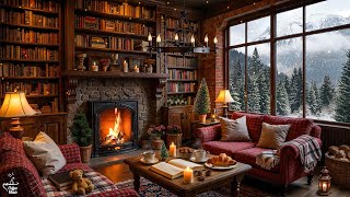 Cozy Library Coffee Ambience with Tranquil Winter Morning Jazz ~ Soft Jazz & Snowfall for Relaxing