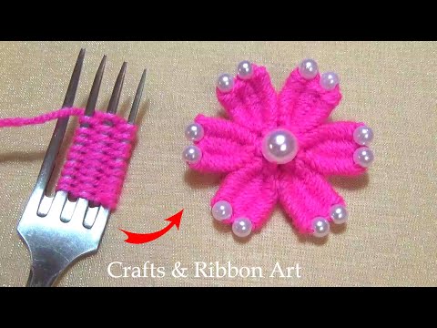 Amazing Woolen Craft Ideas with Fork - Hand Embroidery Flower Design - Easy Woolen Flower Making