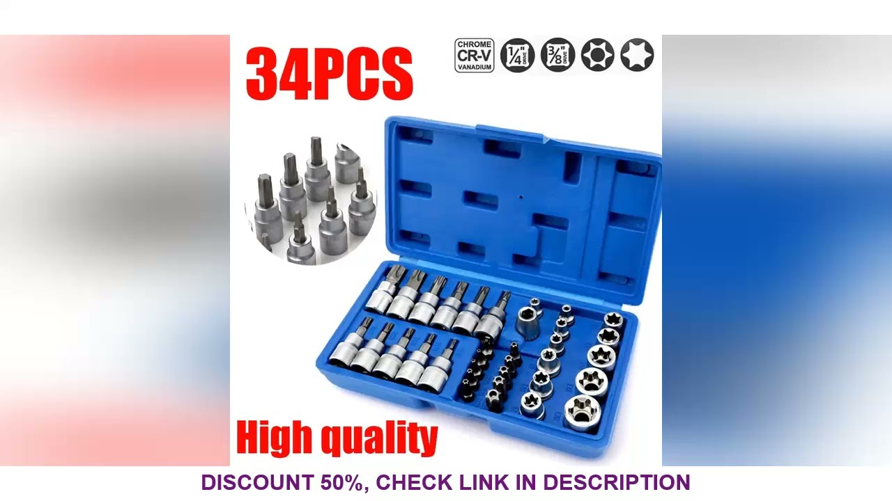 34PCS Torx Bit Socket  and  E-Torx Star Socket Set 1/2” 1/4“ 3/8” Drive Male/Female E-Security Bits