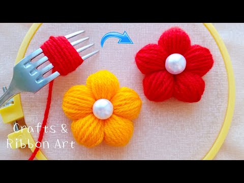 Super Easy Woolen Craft Ideas with Fork - DIY Woolen Flowers - Hand Embroidery Amazing Trick