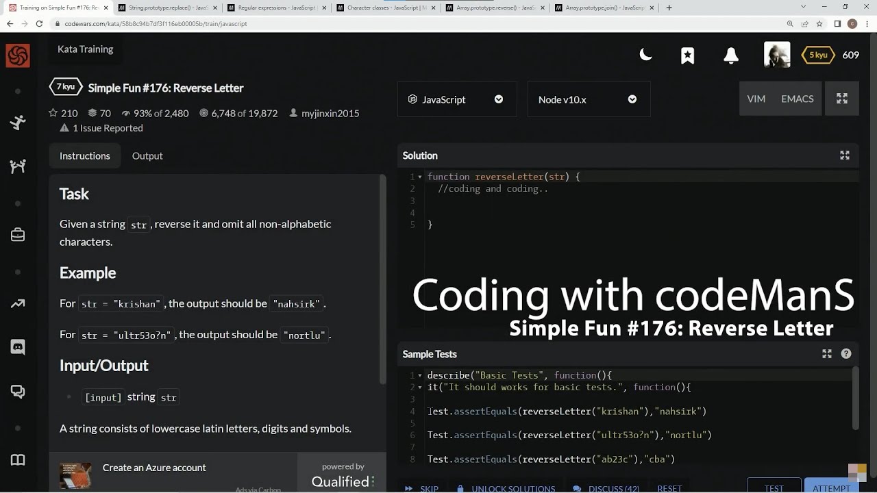 Codewars 7 kyu Simple Fun #176: Reverse Letter JavaScript