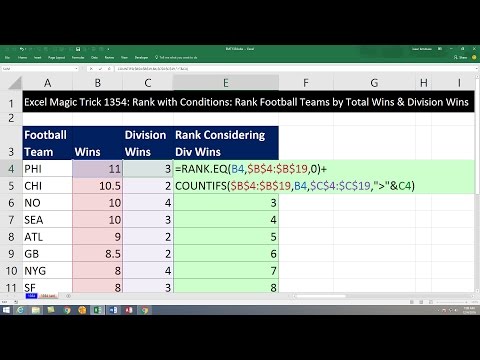 Excel Magic Trick 1354: Rank with Criteria: Rank Football Teams by Total Wins & Division Wins Video