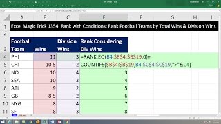 Excel Magic Trick 1354: Rank with Criteria: Rank Football Teams by Total Wins & Division Wins