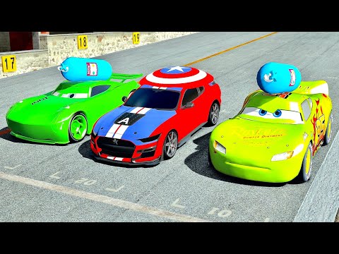 Captain America Mustang Shelby vs Lightning McQueen NOS Edition vs Jackson Storm NOS - Drag Race