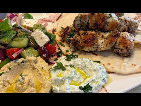 Open Chicken Souvlaki, Greek Salad with Homemade Tzatziki & Hummus Dips