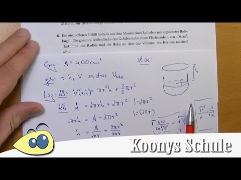 oben offenes Gefäß aus Zylindermantel und Halbkugel - Extremwertaufgabe vorgerechnet | 6/7 - #1599