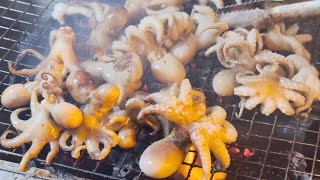 Tasty grilled octopus! Seafood grilled, Cambodian street food