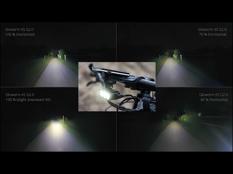 Gloworm XS G2.0 bike light beam comparison in 4 different settings
