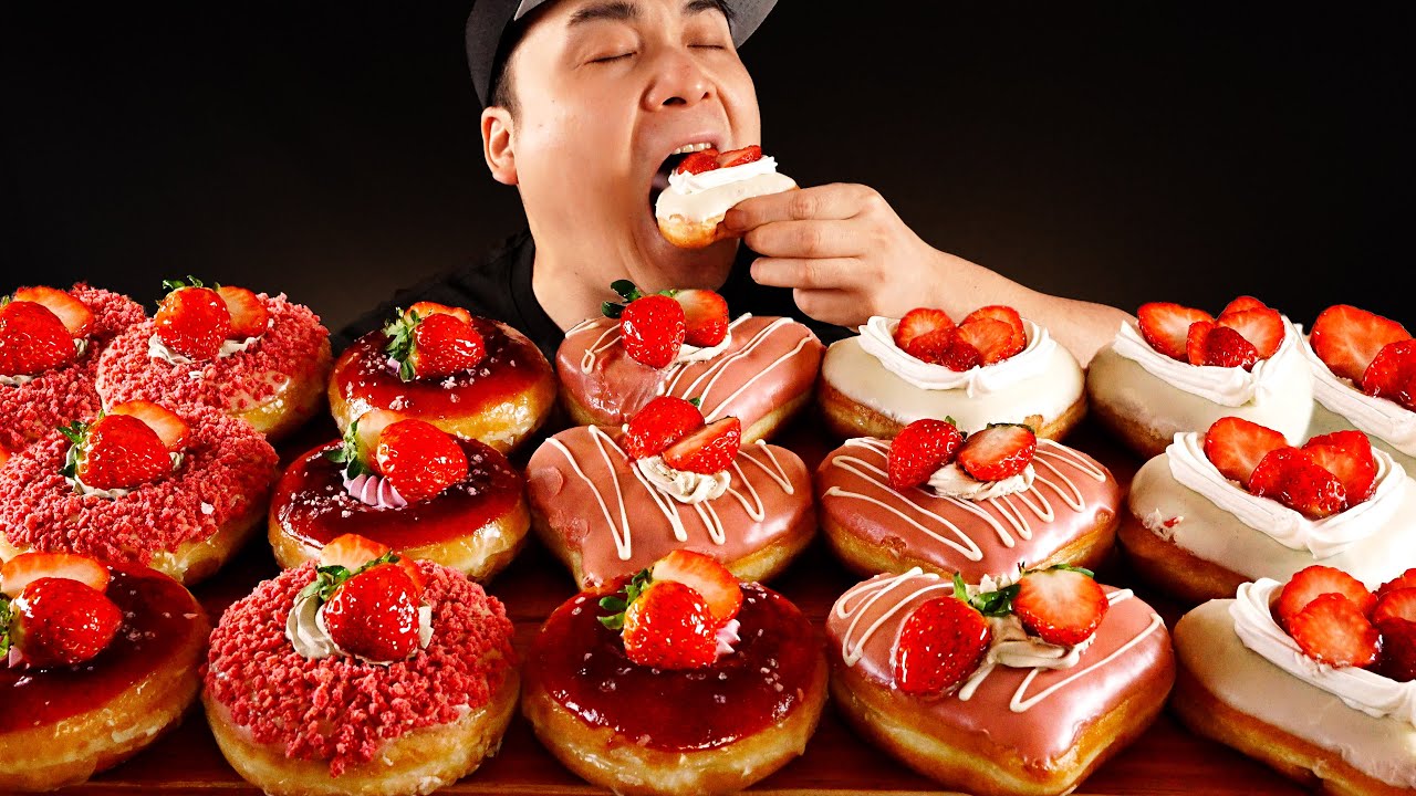 크리스피크림 도넛 신제품 스트로베리 4종 먹방~!! 리얼사운드 Krispy Kreme Donuts New Product Strawberry Party