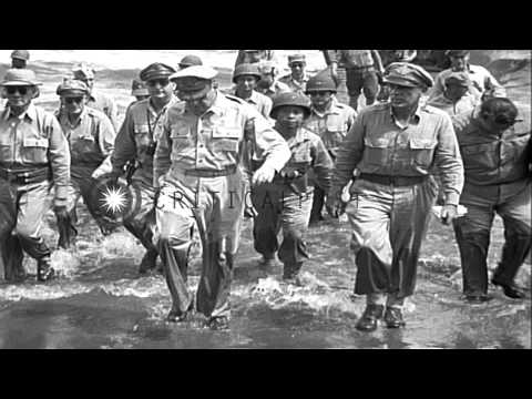 US General MacArthur commanding the assault on Leyte in World War II, accompanied...HD Stock Footage