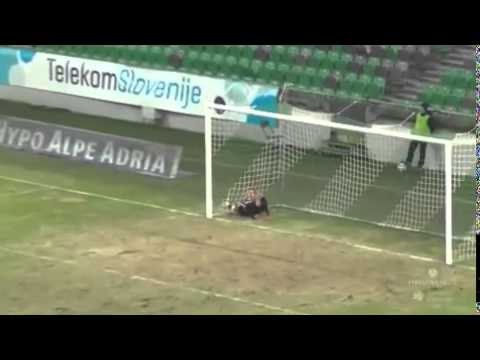 Slovenian keeper Matic Fink's air-kick...