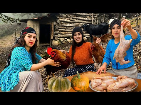 Rainy Mountain Village Cooking 🌦️ Traditional Rooster, Pumpkin Dessert & Pickles in Rural Iran