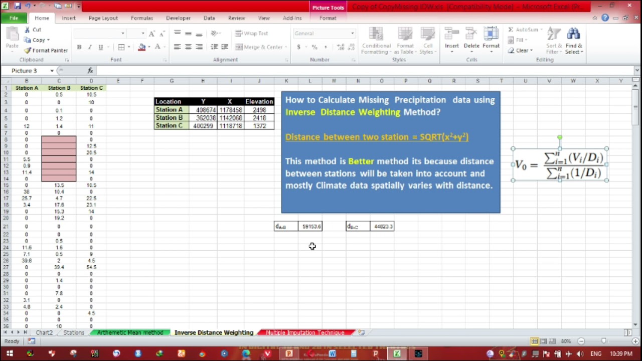 Filling Missing Climate Data Using Arithmetic mean method, Inverse Distance Weighting method MCMC