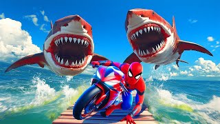 سبايدرمان يقود الدباب فوق رؤوس سبايدر مان دراجة سبايدرمان والابطال ل SPIDERMAN MOTO PARKOUR GTA 5