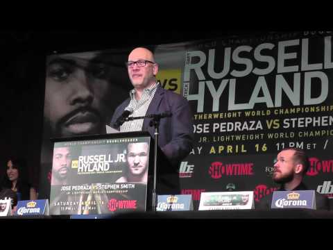 GARY RUSSELL VS PATRICK HYLAND FINAL PRESS CONFERENCE; EMOTIONAL LOU DIBELLA SPEECH - EsNews Boxing