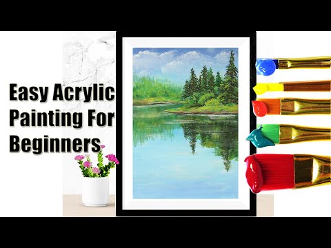 Daily Challenge 19  Easy  Landscape Acrylic Painting for Beginners | Forest and Lake under Blue Sky