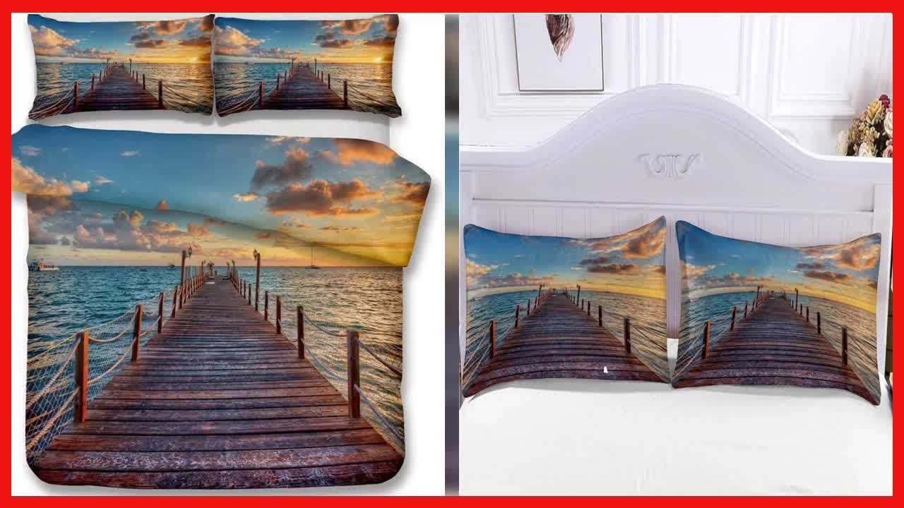 Ocean Duvet Cover Set Queen Size, Tropical Island with The Palm Trees and Sea Beach Nature Theme