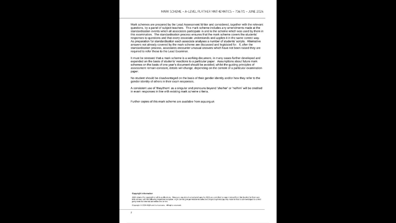 AQA A LEVEL FURTHER MATHEMATICS PAPER 1 MARK SCHEME 2024 (7367/1)