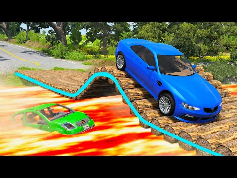 Cars Vs High Speed Bumps On Log Bridge - Cars Vs Lava River - Beamng Drive