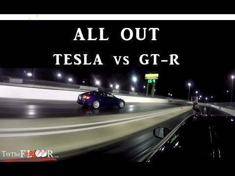 Go-pro View Tesla P100DL Vs GT-R Heads Up Drag Race Video