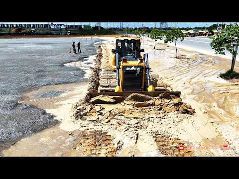 Powerful Heavy Bulldozer Working Clearing mud & Push Sand with Dump Truck Filling Huge Pond Sandfill