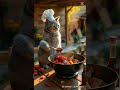 A Very Funny Gray Tabby Cat Cooking His Lunch