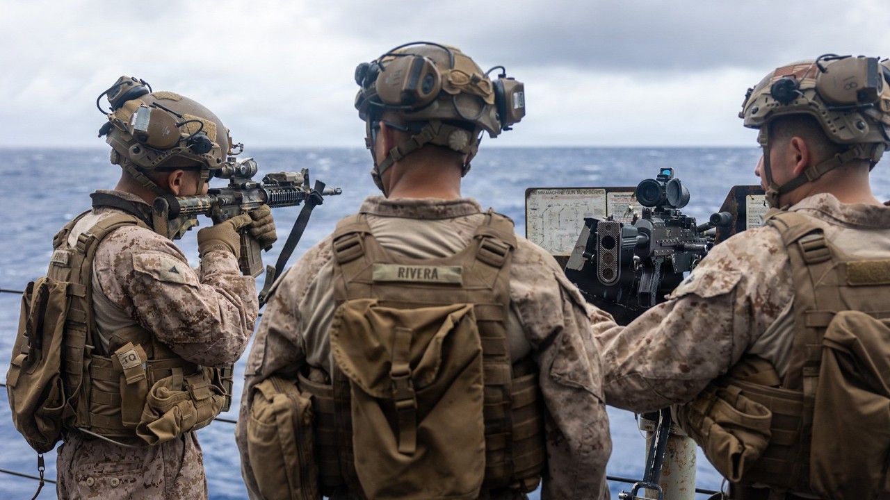 United States Marines on the USS Portland Training with Machine Guns