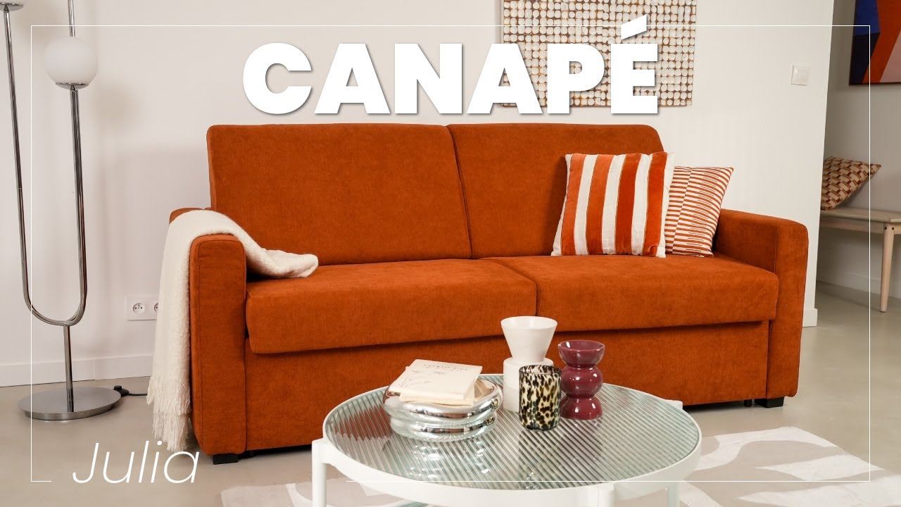 Thumbnail video of the produit Julia - canapé 3 places convertible express couchage quotidien 140 cm matelas 18 cm en tissu
