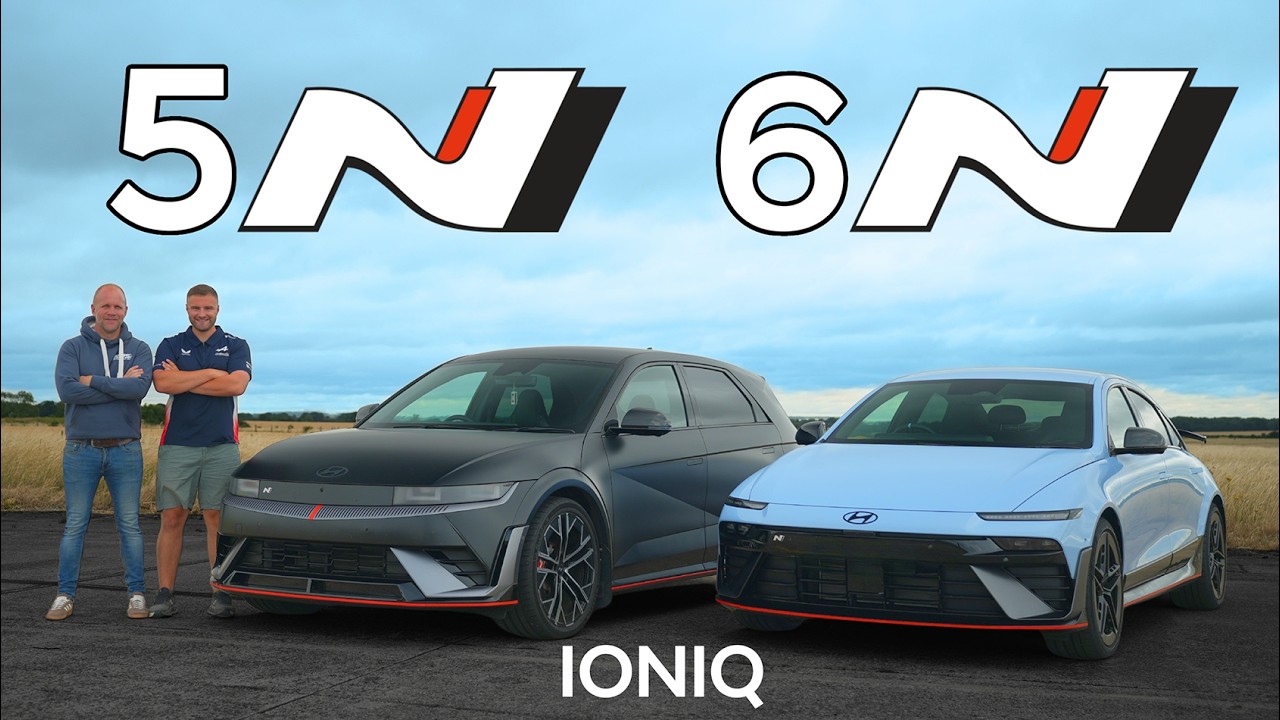 Hyundai Ioniq 6 N and Ioniq 5 N parked together at a race circuit