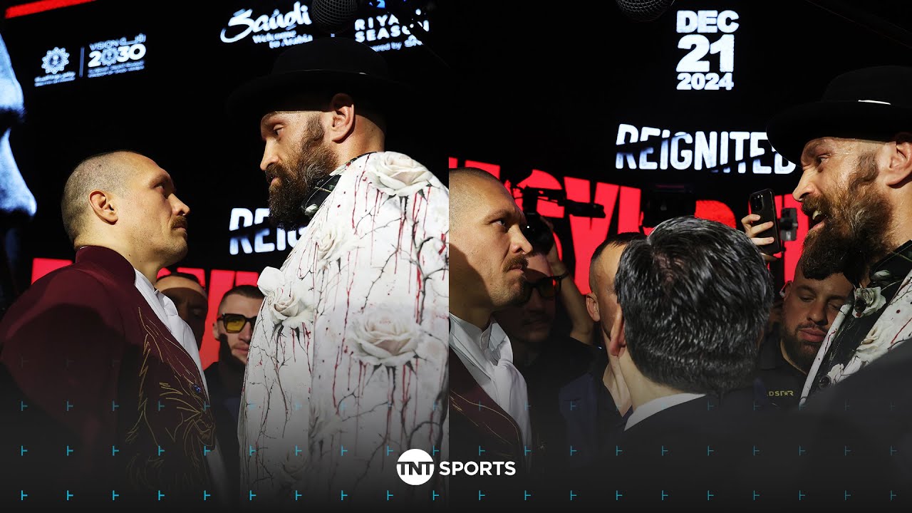 FIERY FACE-OFF! 😳 Usyk and Fury refuse to look away from each other for 10 MINUTES! 😤 #UsykFury2 🇸🇦
