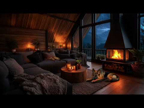 Rain & Crackling Fireplace in Cozy Attic Living Room | Mountain Evening Ambience