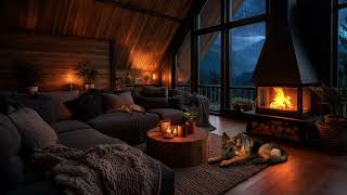 Rain & Crackling Fireplace in Cozy Attic Living Room | Mountain Evening Ambience