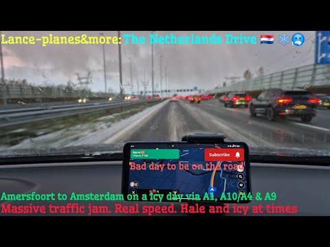 (4K) Driving: Icy road and terrible traffic. Amersfoort to Amsterdam via A1, A10, A4 & A9 🇳🇱.