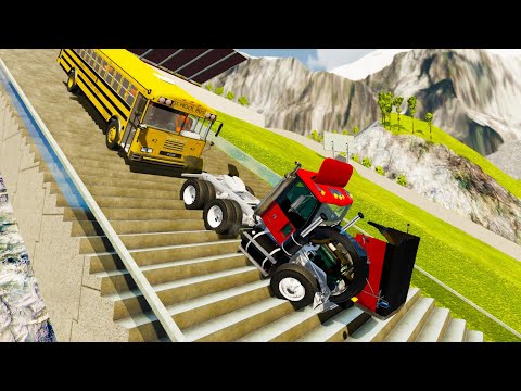 Insane Stairs Jumps Down With Heavy Vehicle (Crash Test) - BeamNG.drive Down Stairs Jumps