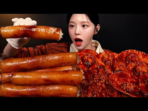 Giant Beef Intestine with Spicy Buldak Enoki Mushrooms & Scallop Seafood Mukbang ASMR