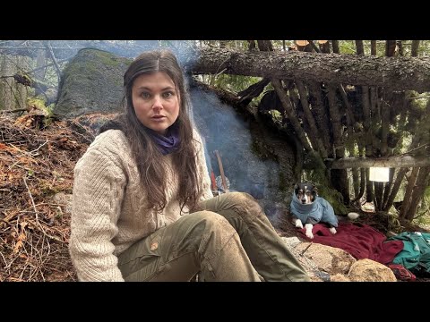 Solo Camping Building a Bushcraft Log Shelter & Bow