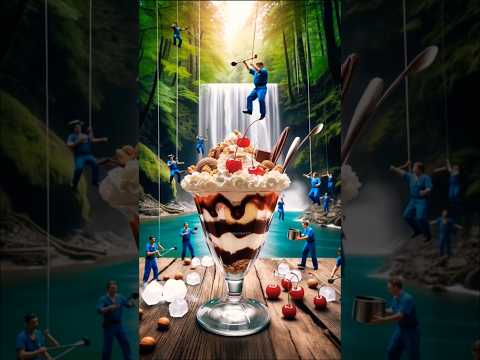 People decorated a glass of delicious ice cream near the waterfall🤗🤗😋😋#icecream #icecreamdesign