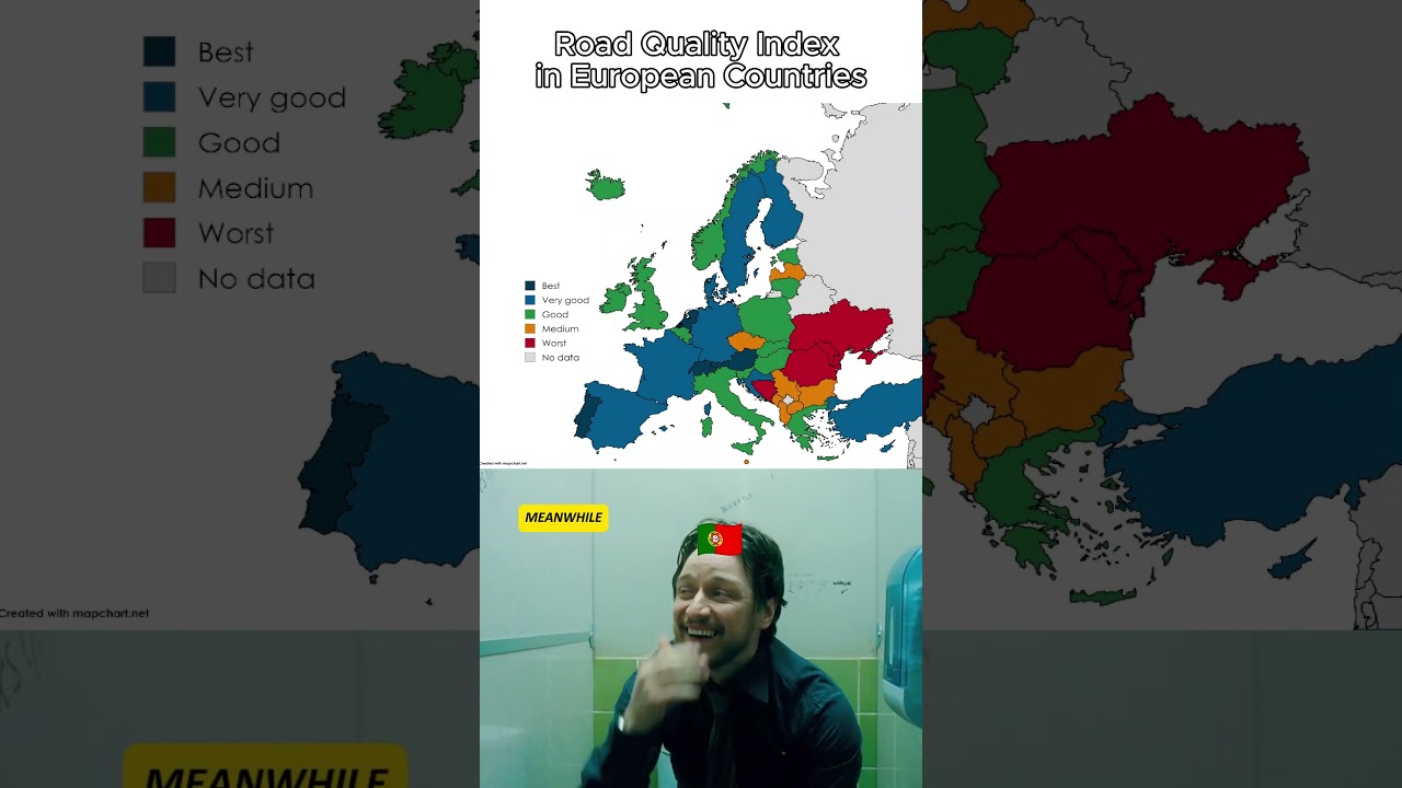 Road Quality Index in European Countries #map #europe #portugal #youtubeshorts