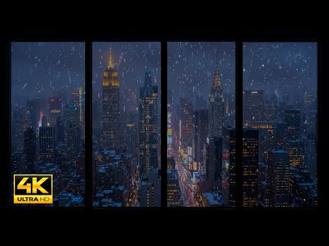 24/7 Winter Night Window View of New York City in 4K ❄️ Wind Sounds, Calm Snowfall for Sleep, Focus